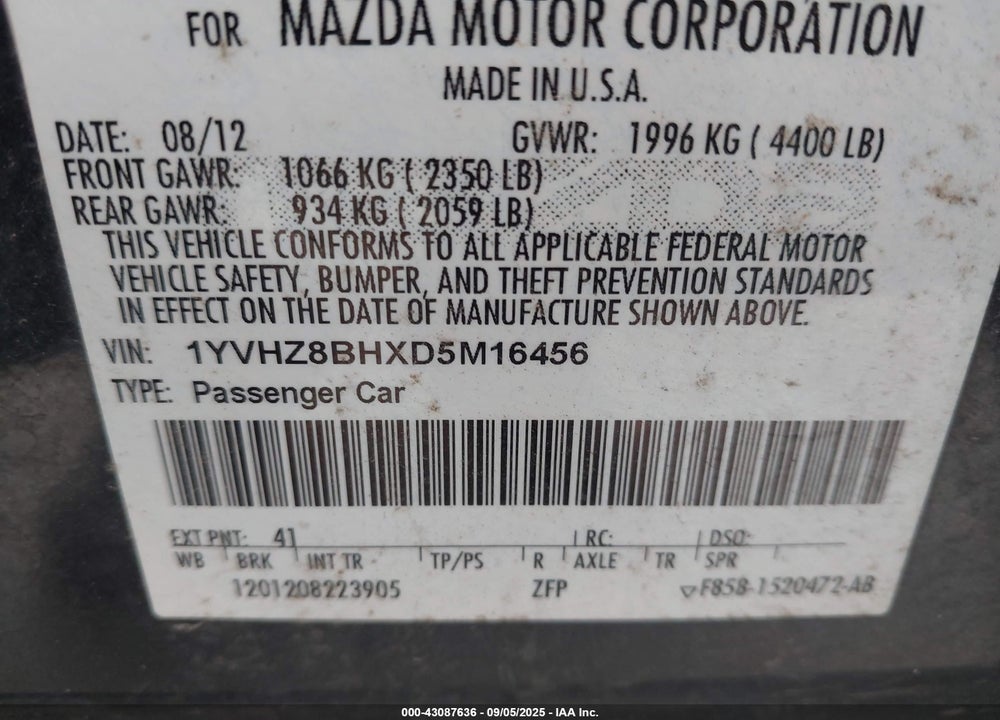 2013 MAZDA 6 VIN: 1YVHZ8BHXD5M16456