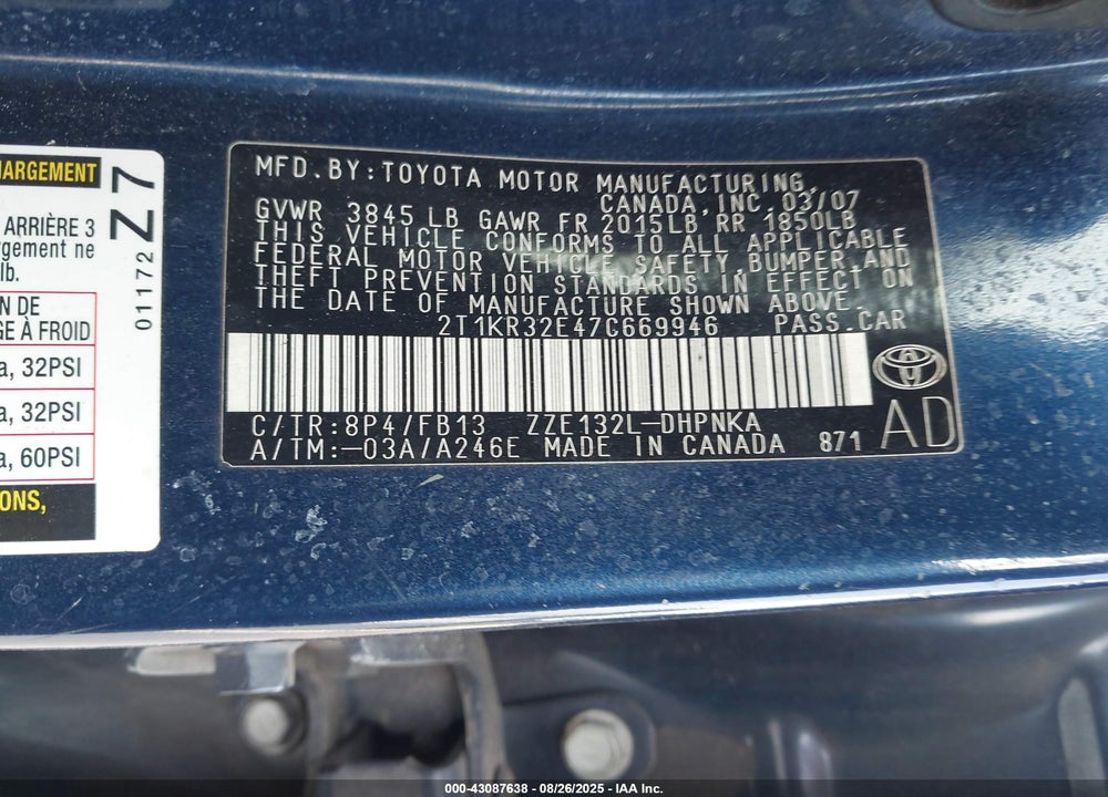 2007 TOYOTA MATRIX/XR VIN: 2T1KR32E47C669946