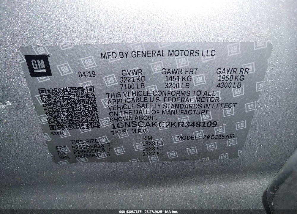 2019 CHEVROLET TAHOE VIN: 1GNSCAKC2KR348109