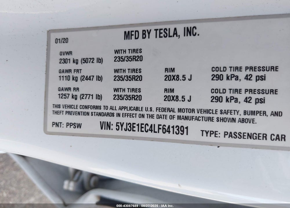 2020 TESLA MODEL 3 VIN: 5YJ3E1EC4LF641391