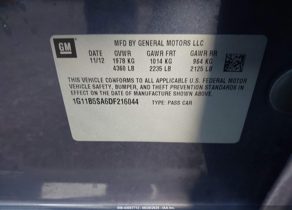 2013 CHEVROLET MALIBU VIN: 1G11B5SA6DF216044