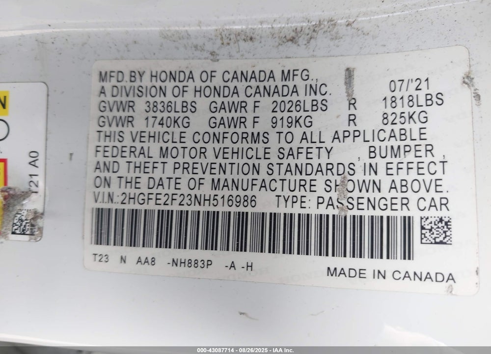 2022 HONDA CIVIC LX VIN: 2HGFE2F23NH516986
