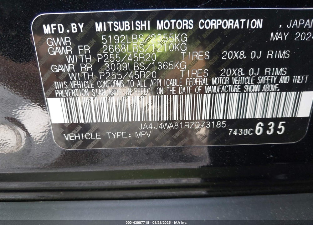 2024 MITSUBISHI OUTLANDER VIN: JA4J4WA81RZ073185