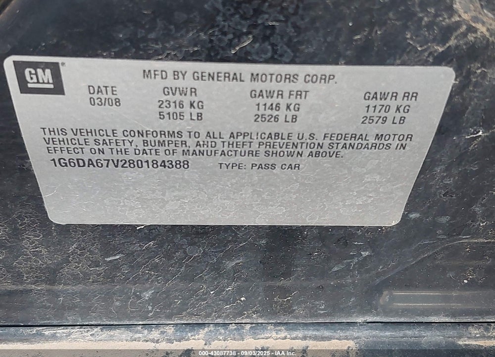 2008 CADILLAC STS VIN: 1G6DA67V280184388