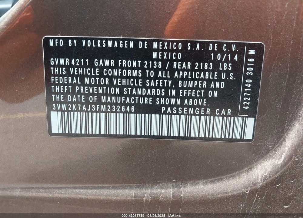 2015 VOLKSWAGEN JETTA VIN: 3VW2K7AJ3FM232646