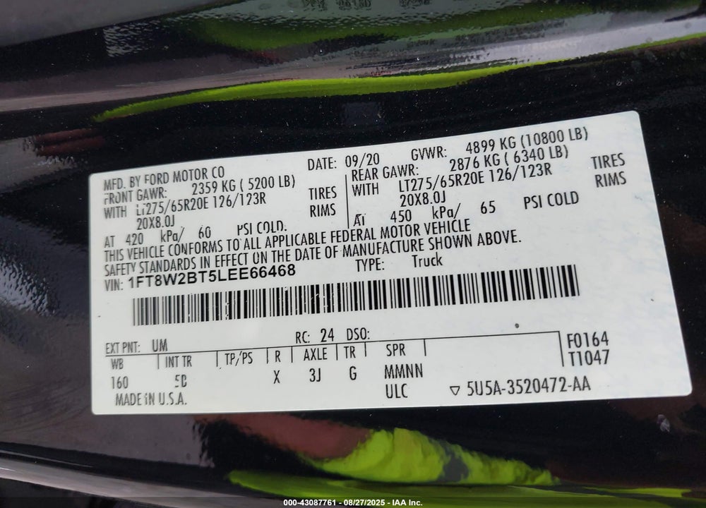 2020 FORD F-250 LARIAT VIN: 1FT8W2BT5LEE66468
