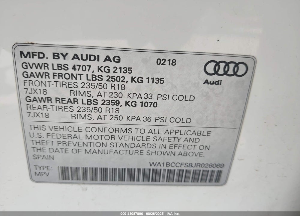2018 AUDI Q3 2.0T PREMIUM/2.0T SPORT PREMIUM VIN: WA1BCCFS8JR026069