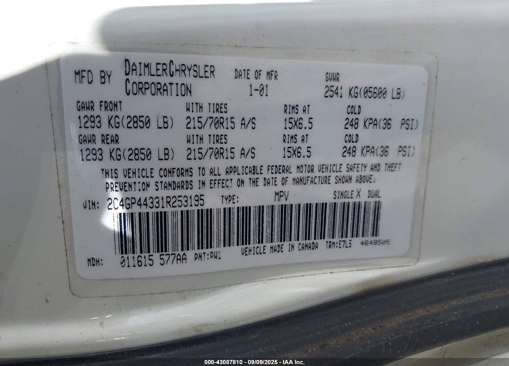 2001 CHRYSLER TOWN & COUNTRY LX VIN: 2C4GP44331R253195