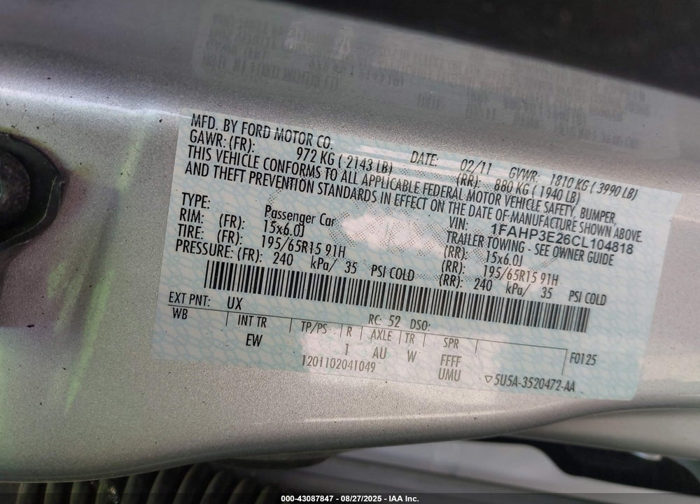 2012 FORD FOCUS VIN: 1FAHP3E26CL104818