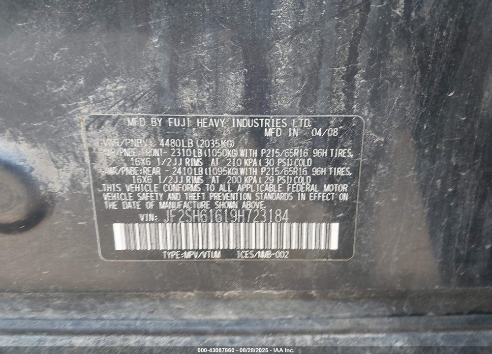 2009 SUBARU FORESTER VIN: JF2SH61619H723184