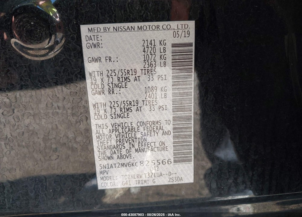 2019 NISSAN ROGUE VIN: 5N1AT2MV6KC825566