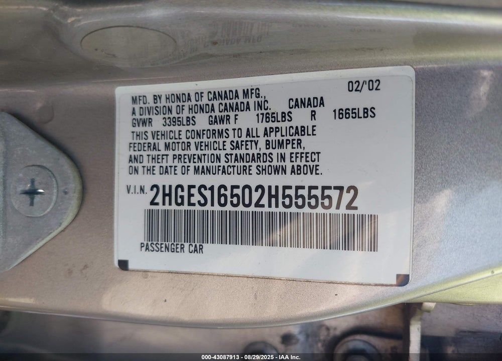 2002 HONDA CIVIC LX VIN: 2HGES16502H555572