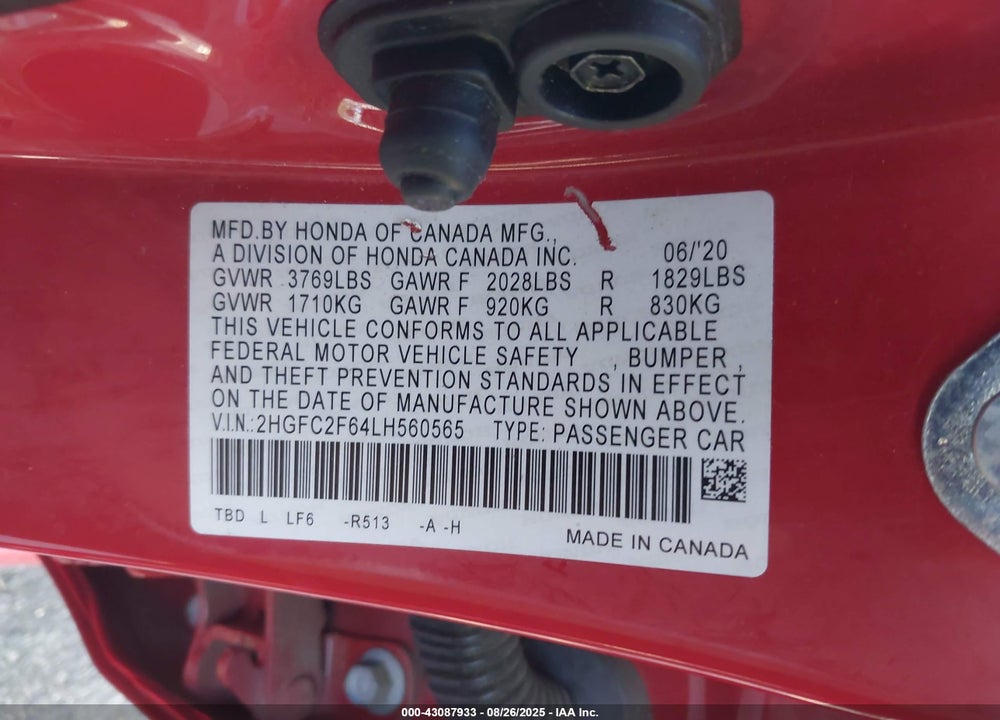 2020 HONDA CIVIC LX VIN: 2HGFC2F64LH560565