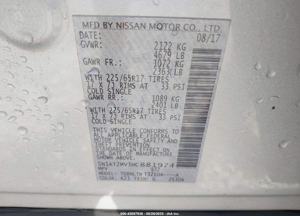 2017 NISSAN ROGUE VIN: 5N1AT2MV3HC881974