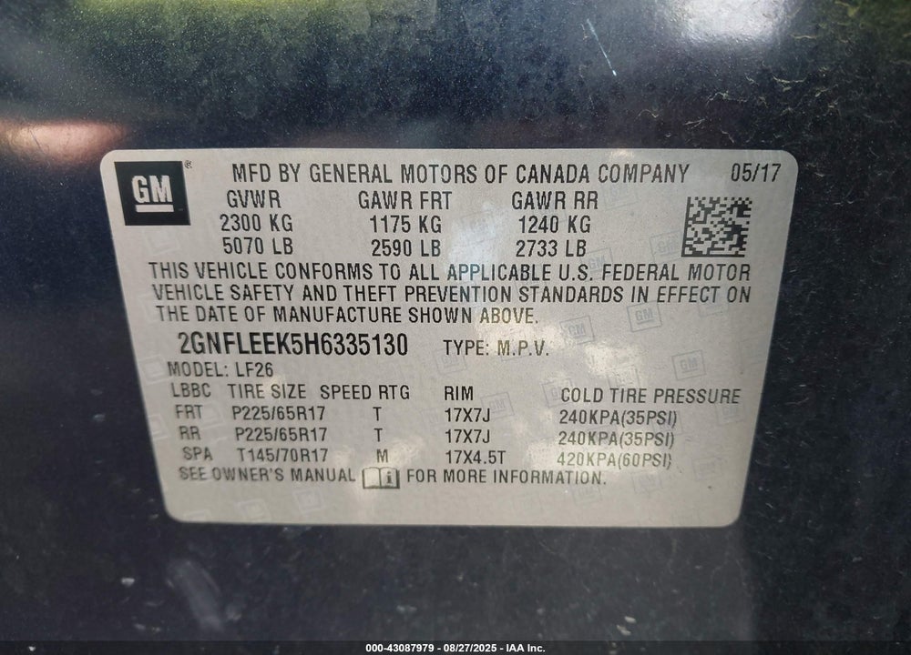 2017 CHEVROLET EQUINOX VIN: 2GNFLEEK5H6335130