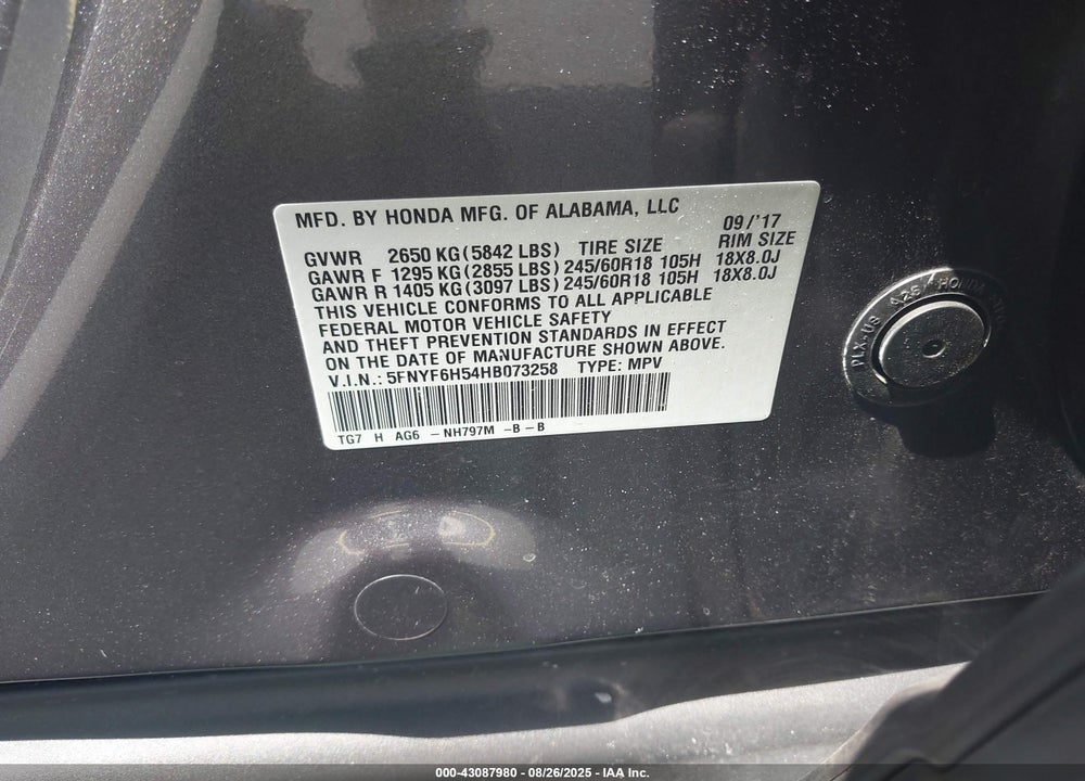 2017 HONDA PILOT VIN: 5FNYF6H54HB073258