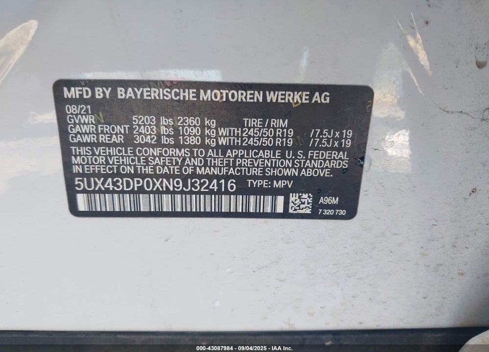2022 BMW X3 VIN: 5UX43DP0XN9J32416