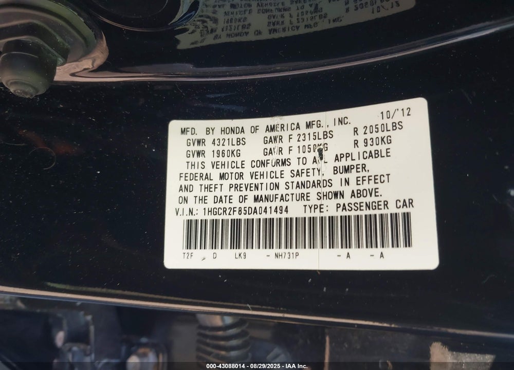 2013 HONDA ACCORD EX-L VIN: 1HGCR2F85DA041494