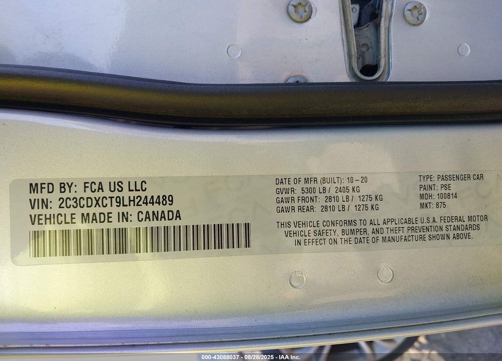 2020 DODGE CHARGER VIN: 2C3CDXCT9LH244489