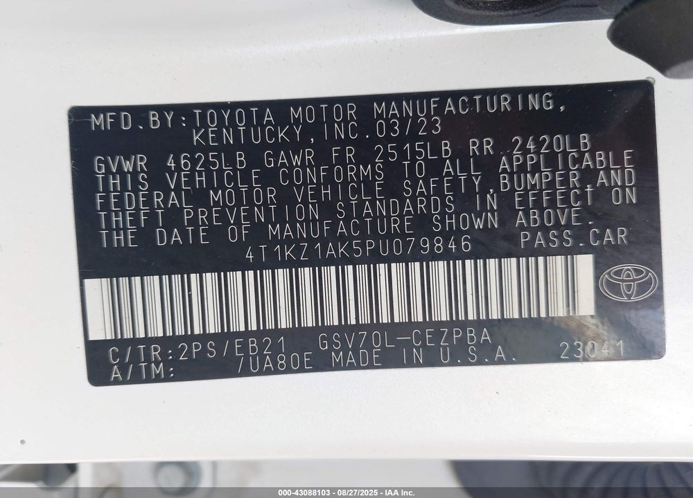 2023 TOYOTA CAMRY VIN: 4T1KZ1AK5PU079846