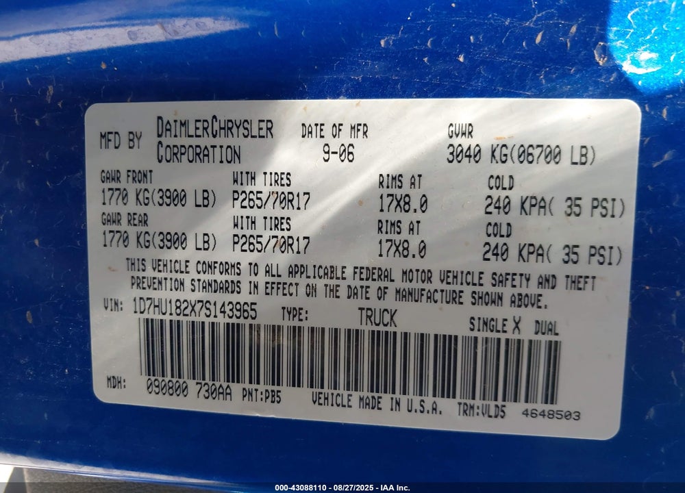 2007 DODGE RAM 1500 LARAMIE VIN: 1D7HU182X7S143965