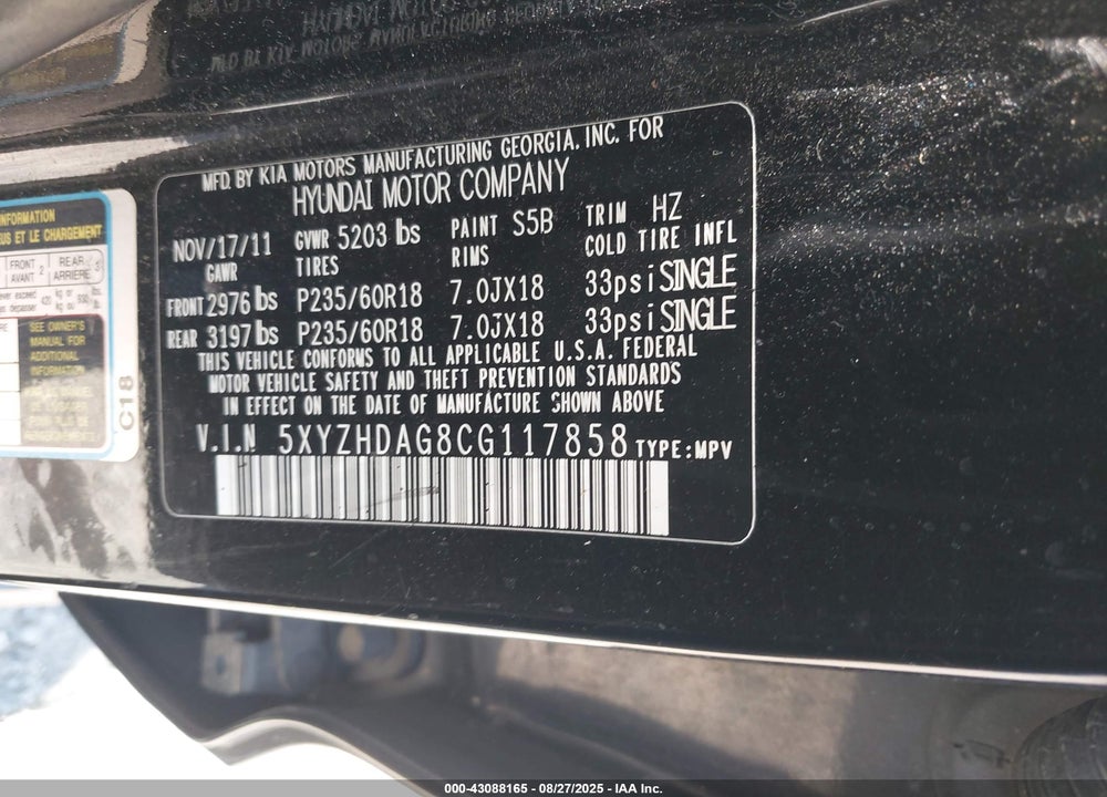 2012 HYUNDAI SANTA FE SE VIN: 5XYZHDAG8CG117858