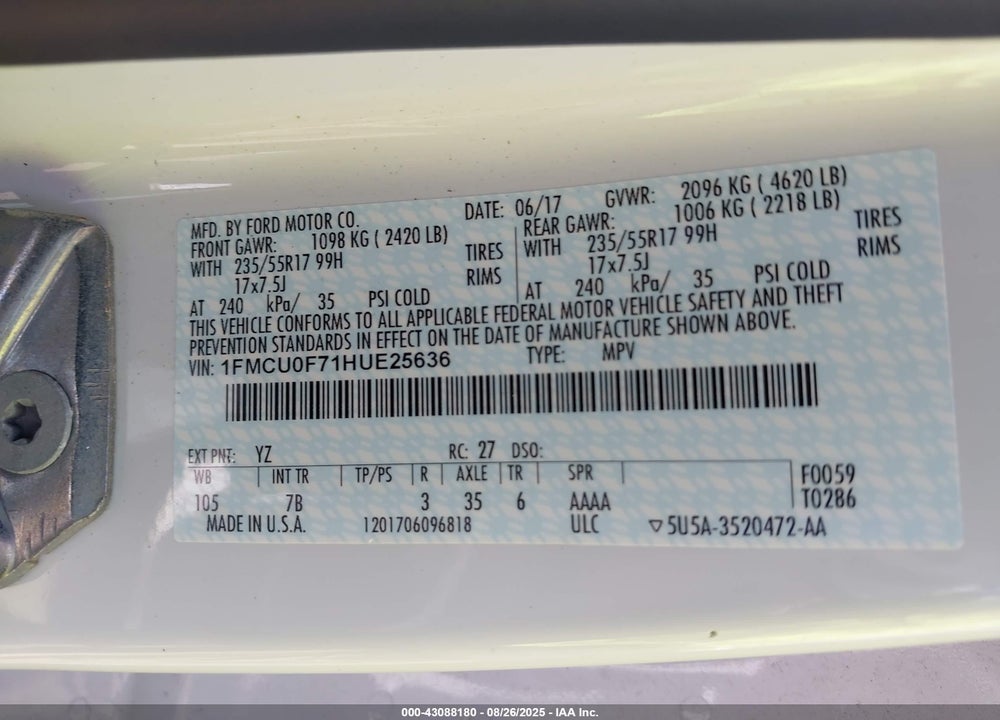 2017 FORD ESCAPE VIN: 1FMCU0F71HUE25636