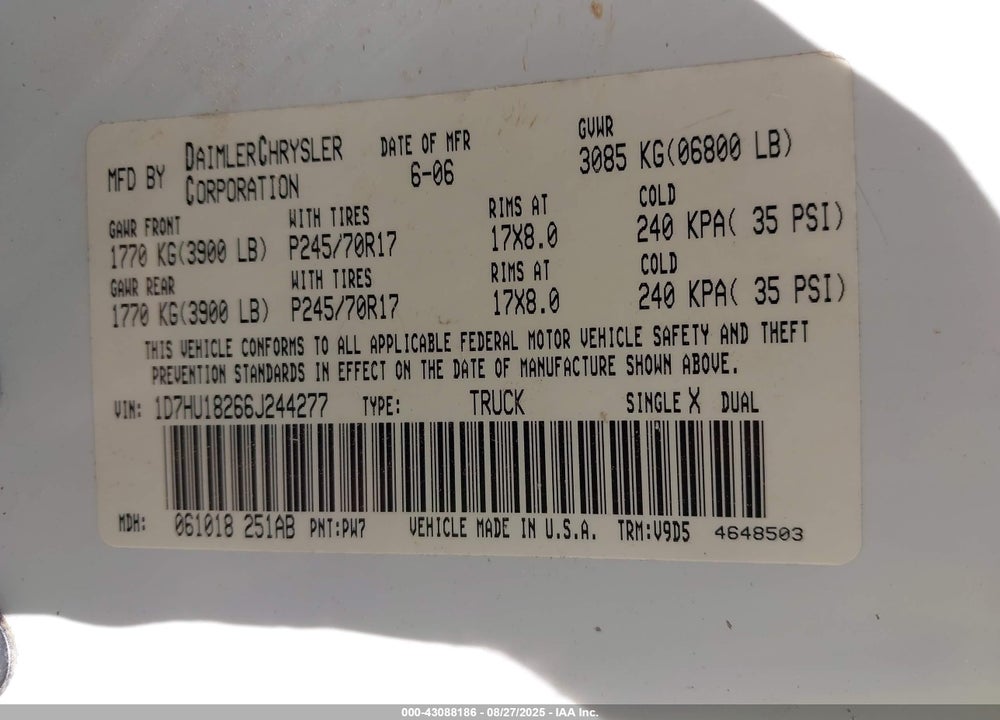 2006 DODGE RAM 1500 SLT VIN: 1D7HU18266J244277