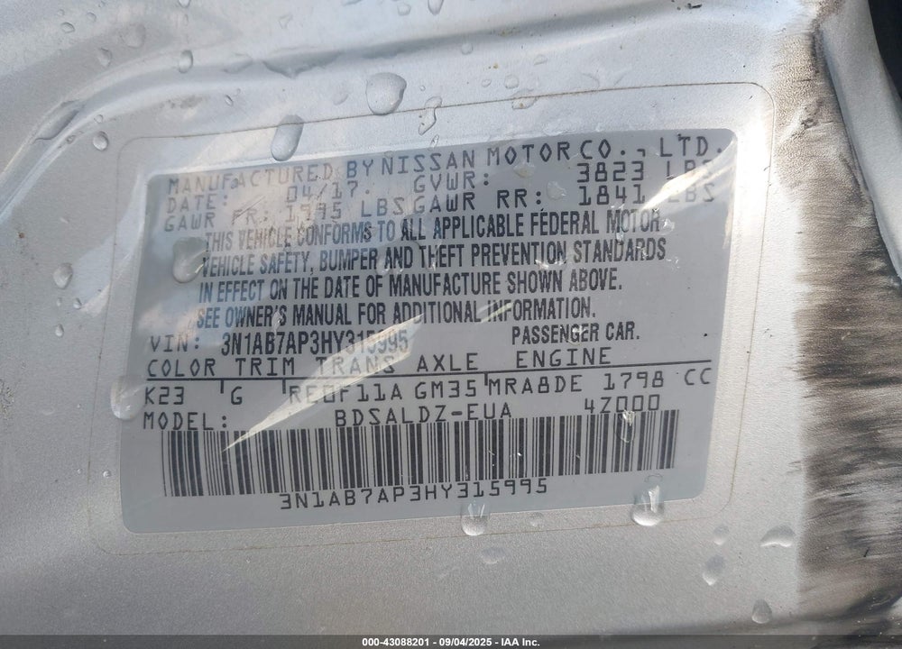 2017 NISSAN SENTRA VIN: 3N1AB7AP3HY315995