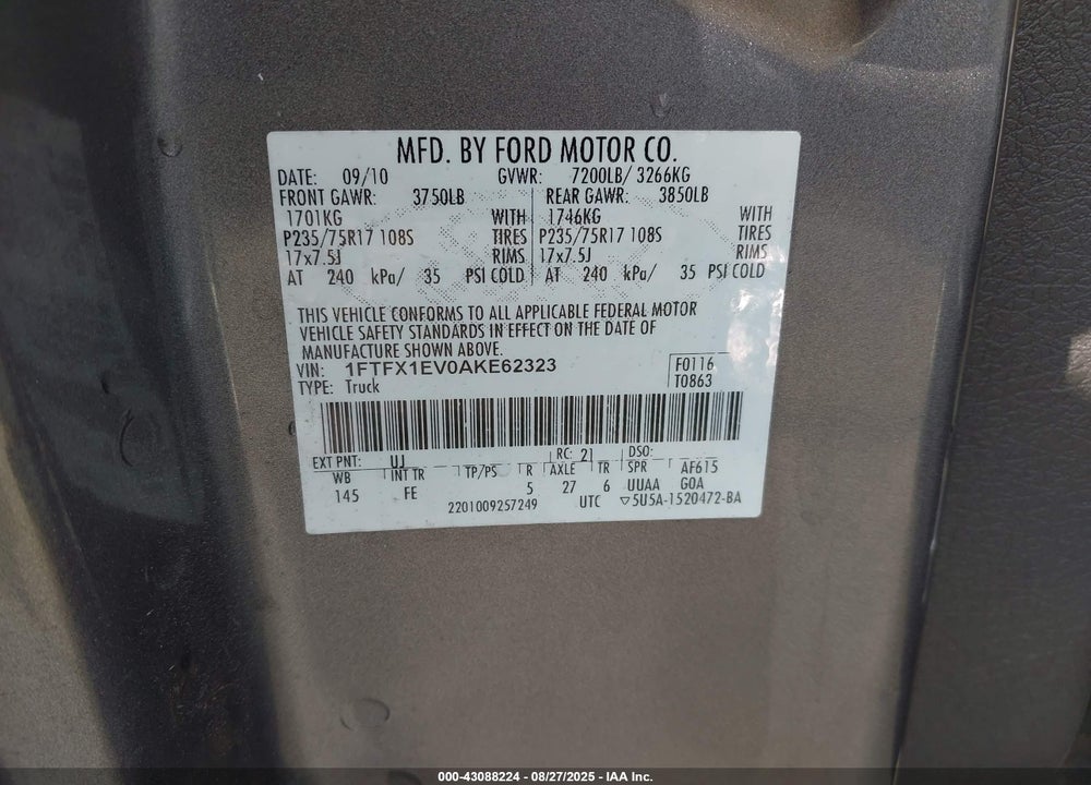 2010 FORD F-150 VIN: 1FTFX1EV0AKE62323