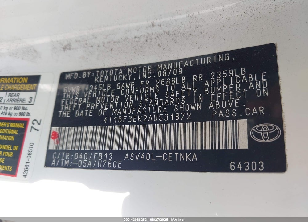2010 TOYOTA CAMRY VIN: 4T1BF3EK2AU531872
