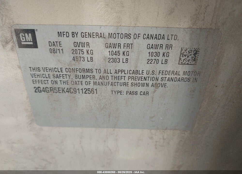 2012 BUICK REGAL VIN: 2G4GR5EK4C9112561
