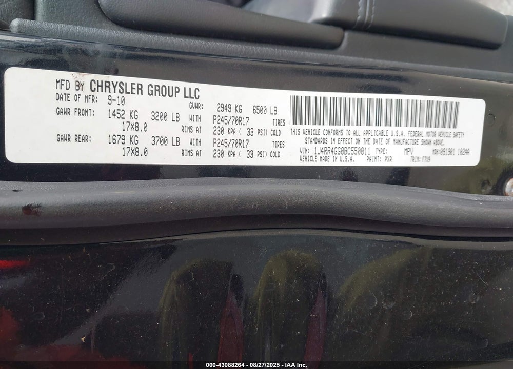 2011 JEEP GRAND CHEROKEE VIN: 1J4RR4GG8BC550811