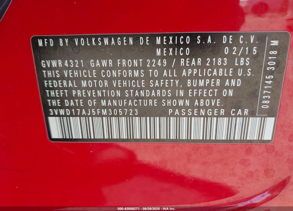 2015 VOLKSWAGEN JETTA 1.8T SE VIN: 3VWD17AJ5FM305723