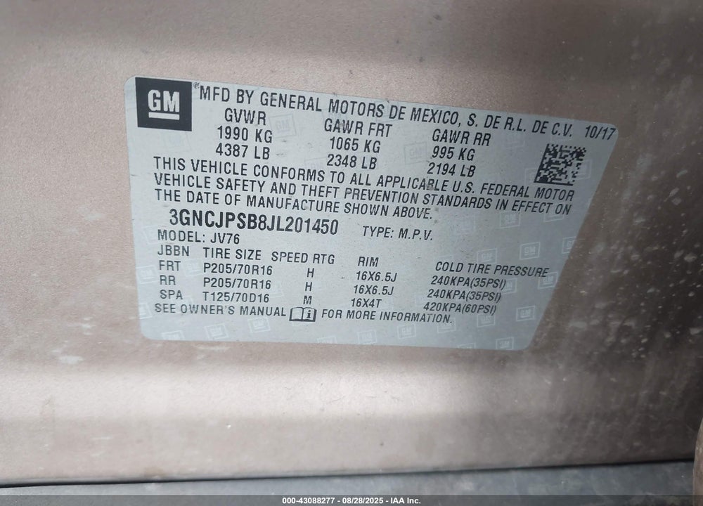2018 CHEVROLET TRAX LT VIN: 3GNCJPSB8JL201450