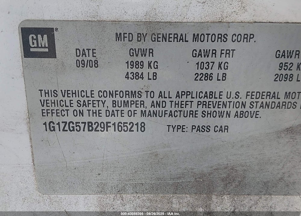 2009 CHEVROLET MALIBU LS VIN: 1G1ZG57B29F165218