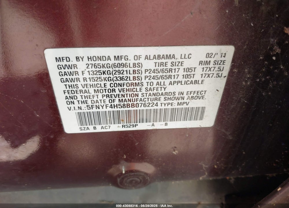 2011 HONDA PILOT EX-L VIN: 5FNYF4H58BB076224