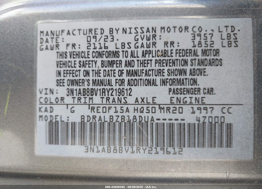 2024 NISSAN SENTRA S XTRONIC CVT VIN: 3N1AB8BV1RY219612