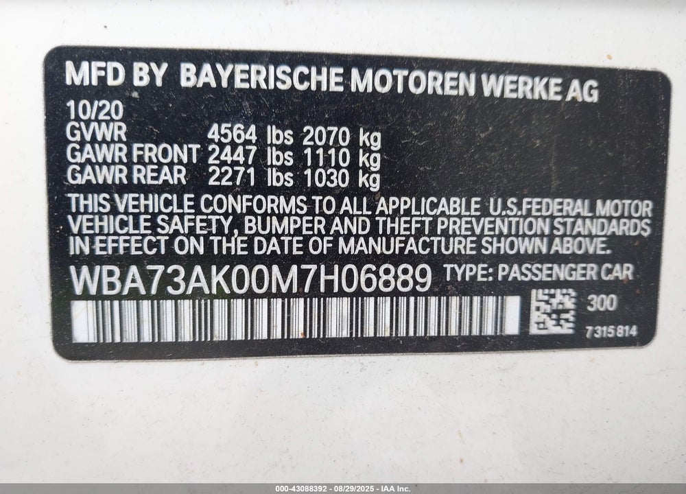 2021 BMW 228I GRAN COUPE XDRIVE VIN: WBA73AK00M7H06889