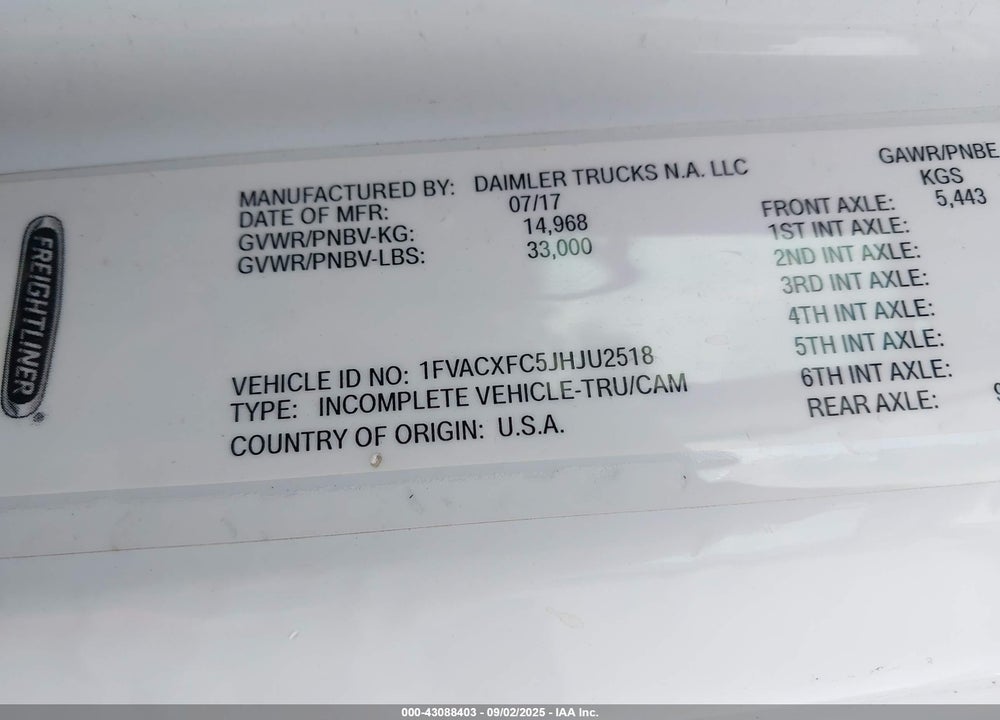 2018 FREIGHTLINER M2 106 VIN: 1FVACXFC5JHJU2518