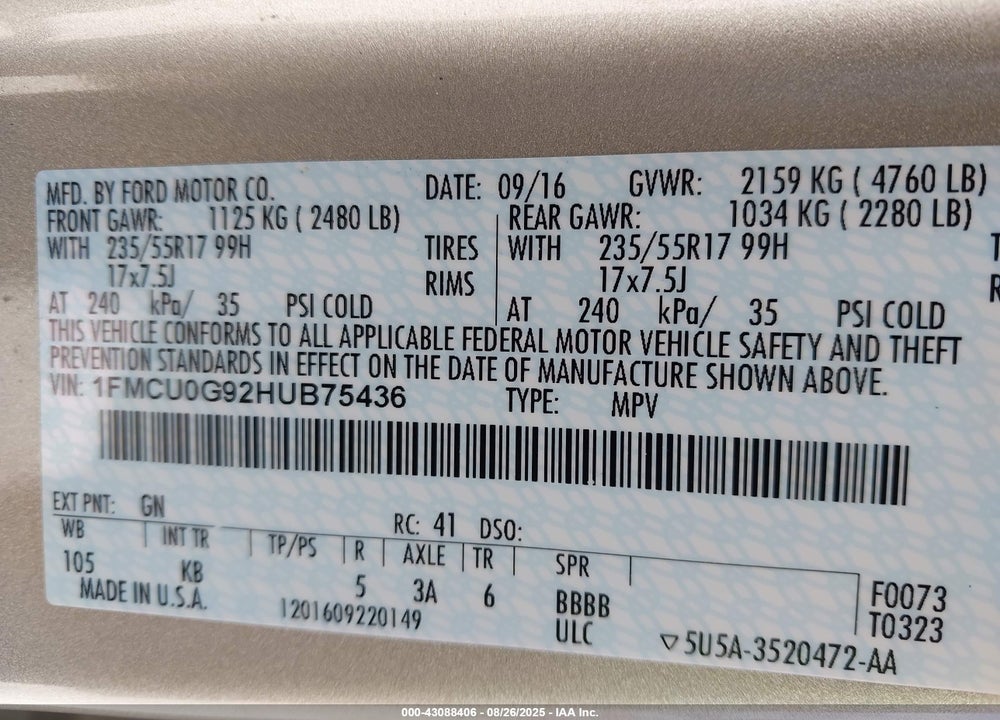 2017 FORD ESCAPE VIN: 1FMCU0G92HUB75436