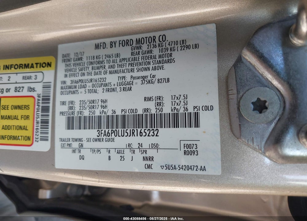 2018 FORD FUSION VIN: 3FA6P0LU5JR165232