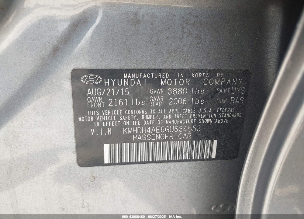 2016 HYUNDAI ELANTRA SE VIN: KMHDH4AE6GU634553