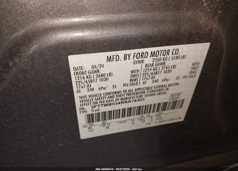 2024 FORD MAVERICK VIN: 3FTTW8H34RRA74303