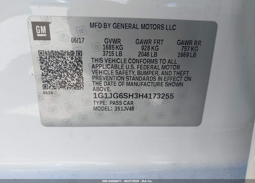 2017 CHEVROLET SONIC VIN: 1G1JG6SH3H4173255