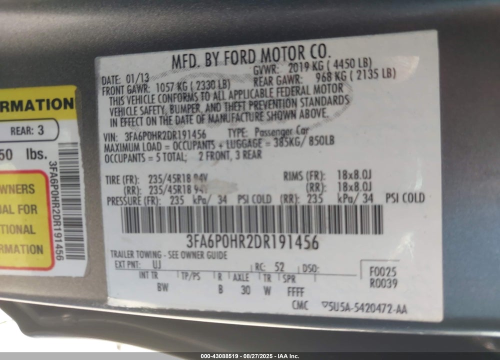 2013 FORD FUSION VIN: 3FA6P0HR2DR191456