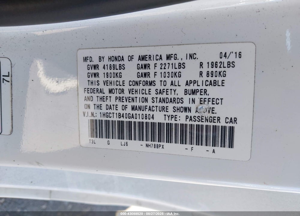 2016 HONDA ACCORD VIN: 1HGCT1B40GA010804