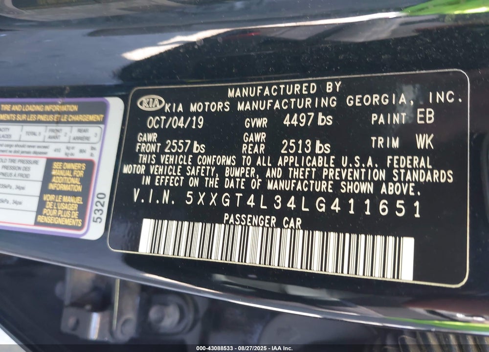 2020 KIA OPTIMA VIN: 5XXGT4L34LG411651