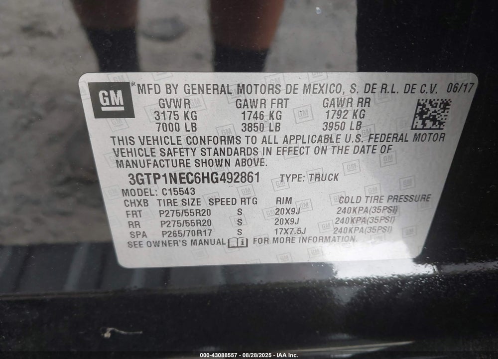 2017 GMC SIERRA 1500 VIN: 3GTP1NEC6HG492861