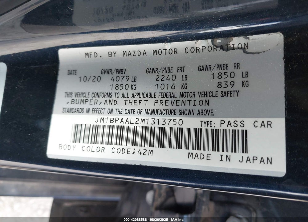 2021 MAZDA 3 VIN: JM1BPAAL2M1313750
